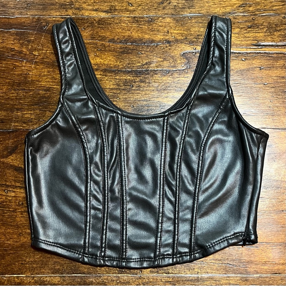 Hunter & Brown Faux Leather‎ Corset Top Womens S Black Crop Edgy Punk Goth Y2K